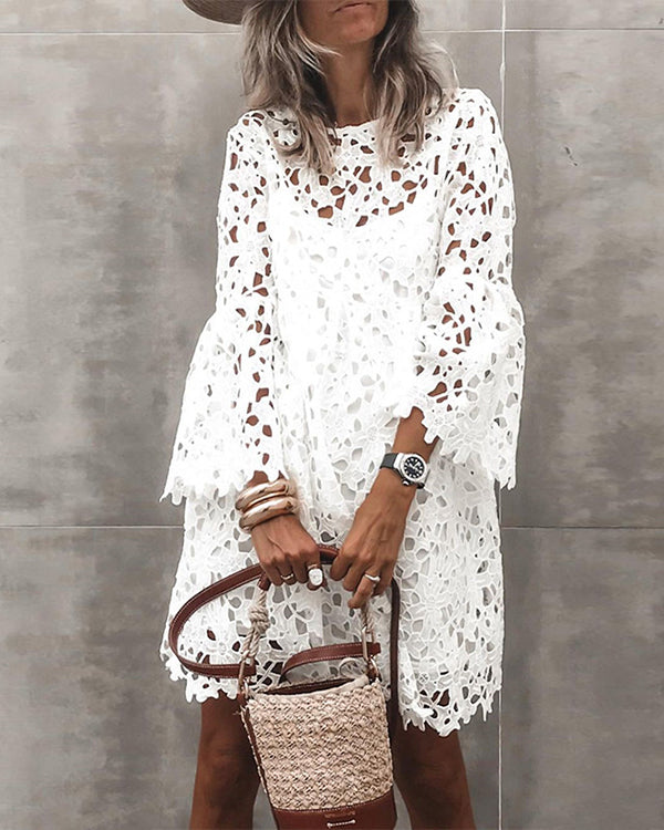 Women's Sheath Dress Long Sleeve Solid Color Lace Hollow Dress