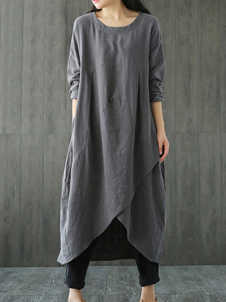Solid Color Round Neck Irregular Hem Midi Dress