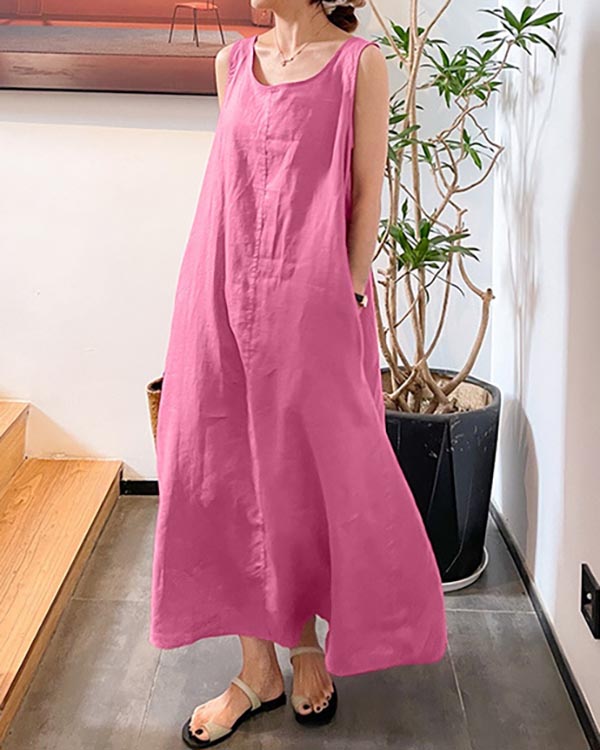 Linen Loose Crew Neck Sleeveless Dress