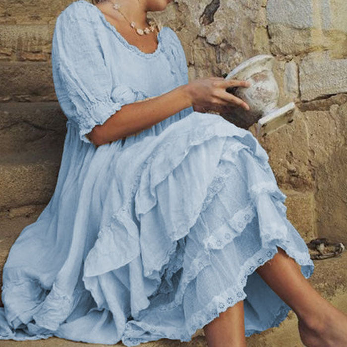Vintage Cotton Linen Layer Ruffle Comfy Maxi Dress