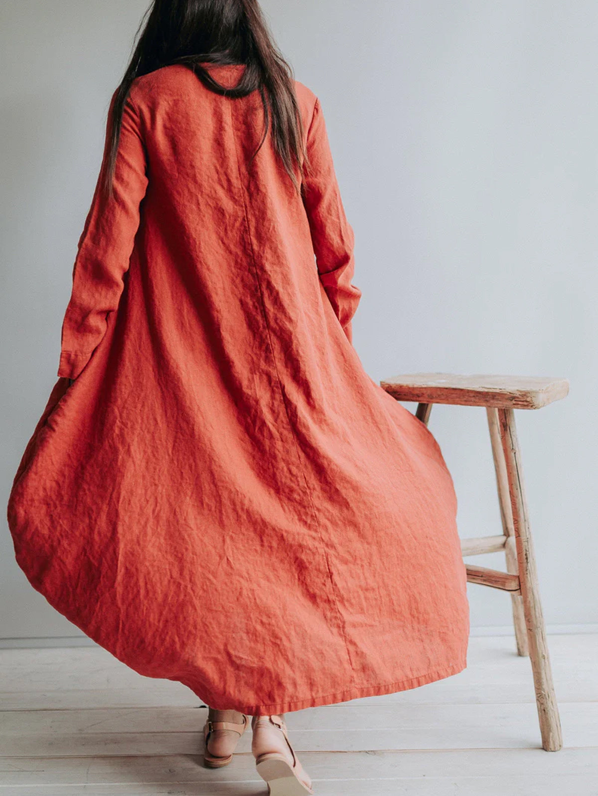 Classic Solid Round Neck Linen Maxi Dress
