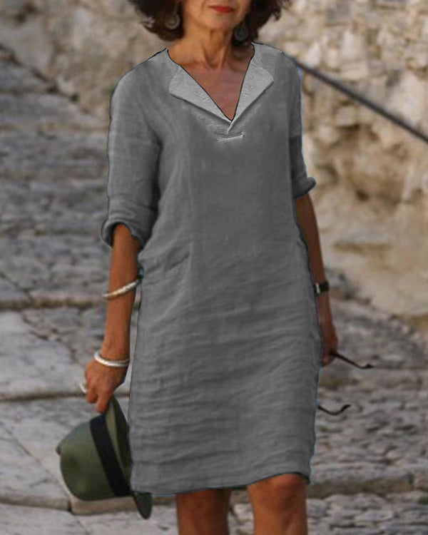 Casual Solid Color V-neck Cotton Dress