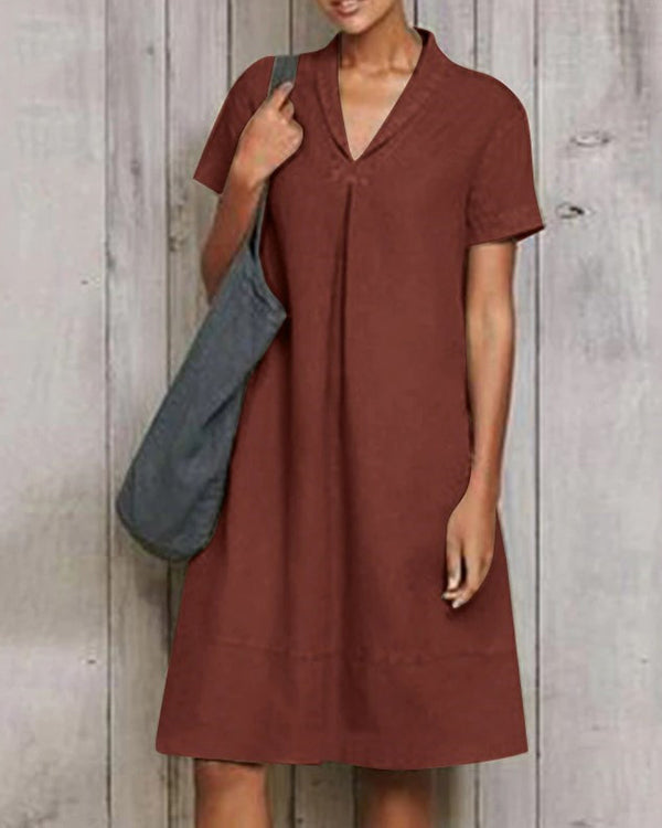 Casual Short Sleeve Pure Linen Mini Dress
