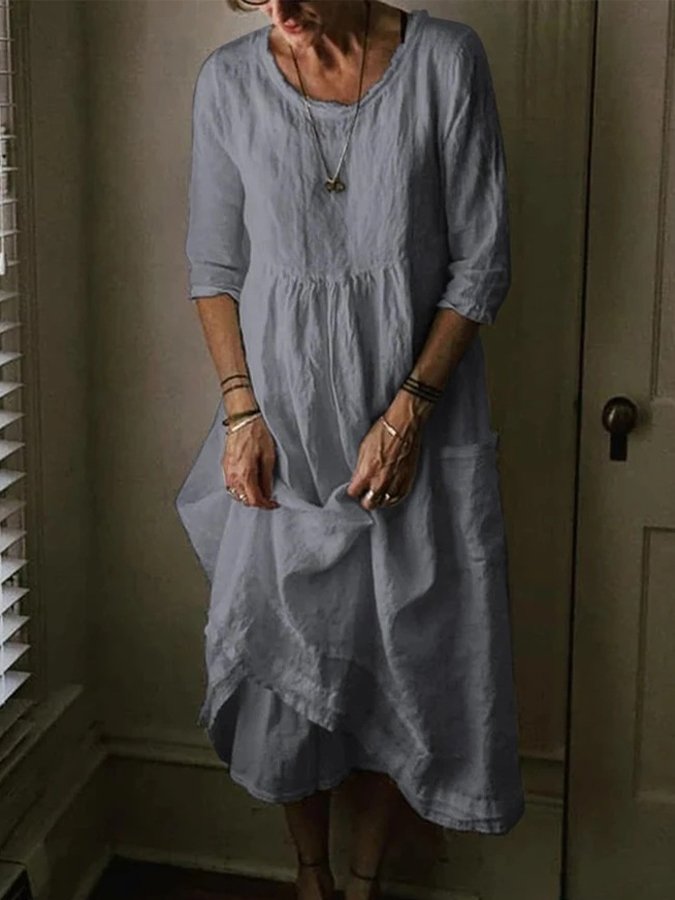 Women's Casual Round Neck Linen Solid Long Dress