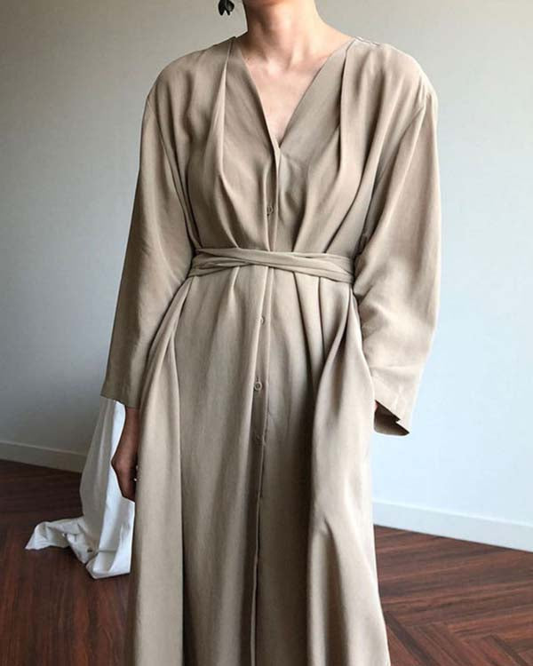 Vintage Cotton Solid Color Loose Long Pleated Tie Dress