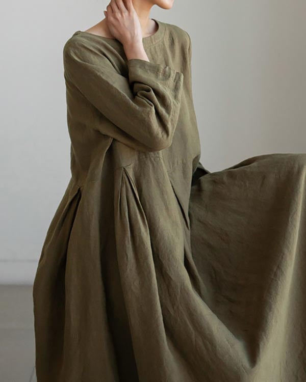 Elegant Round Neck Loose Cotton Linen Dress