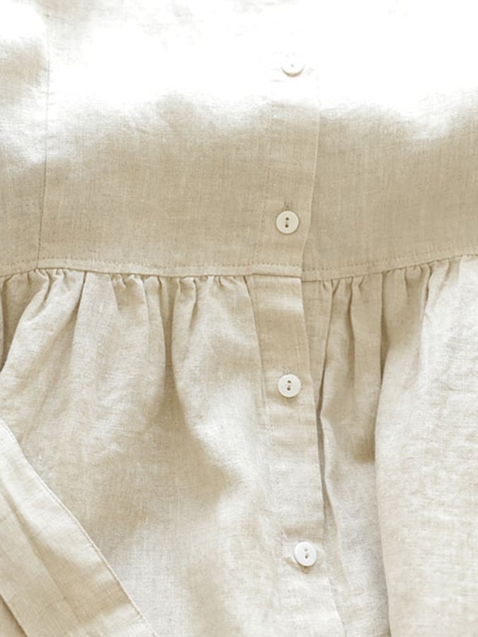 Cotton Linen Lapel Button Belt Solid Color Shirt Dress