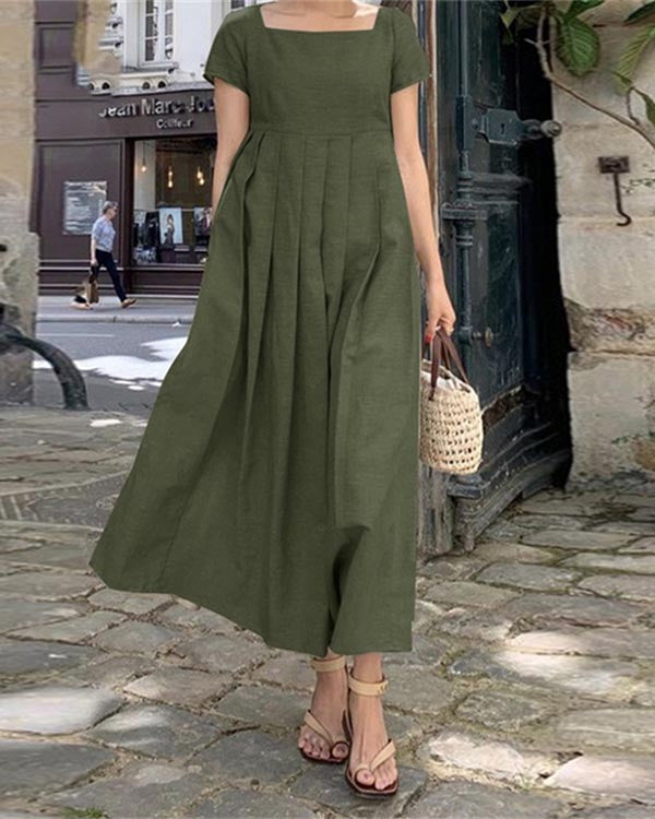 Linen Long Dress Short Sleeve Square Neck Dress