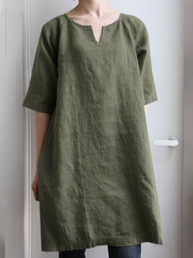 Ladies Cotton Linen Casual Mid Sleeve Dress