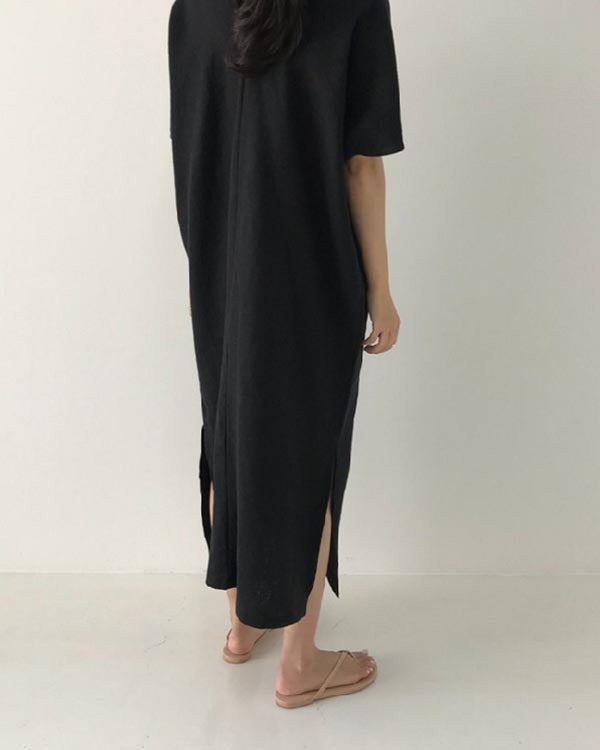 Vintage Linen Loose V-Neck Short Sleeve Dress