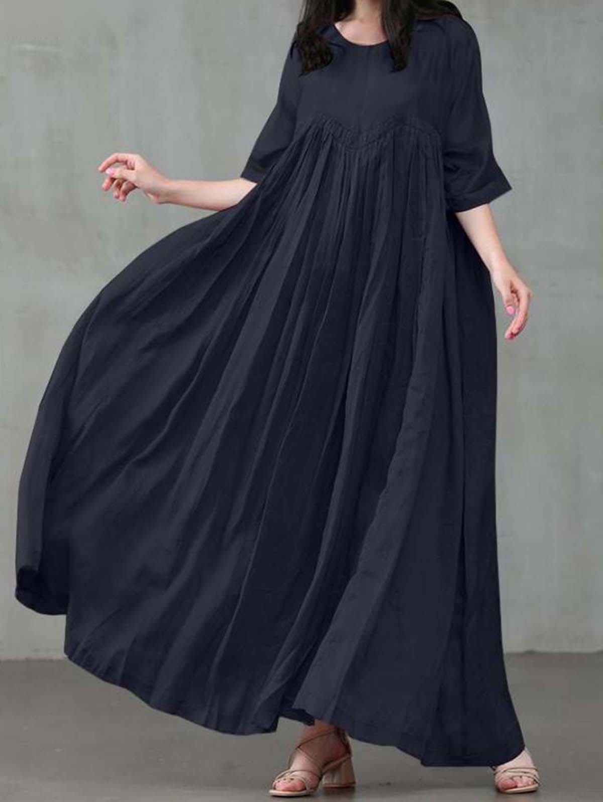 Casual Plain Round Neck Half Sleeve Flowy Maxi Dress