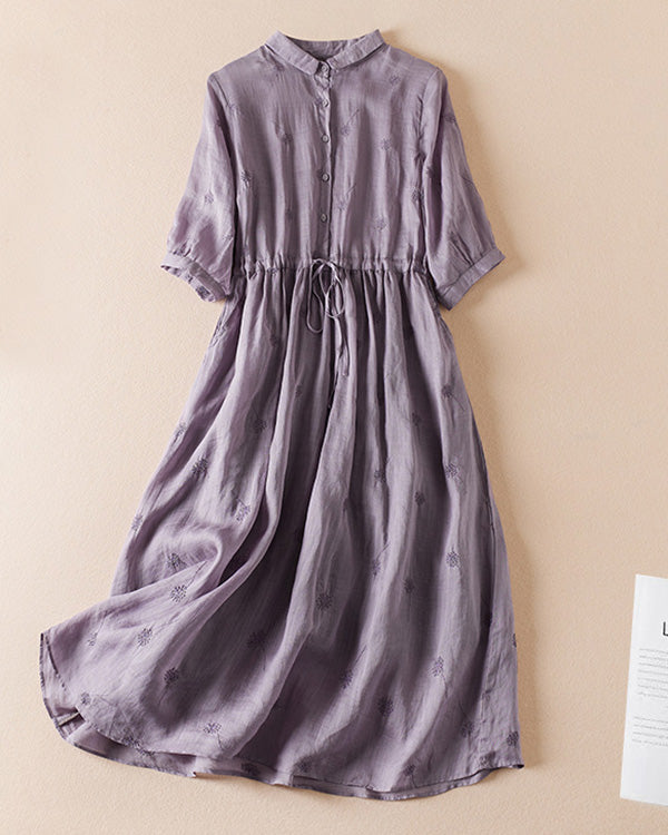 Retro Lapel Waist Short Sleeve Midi Dress