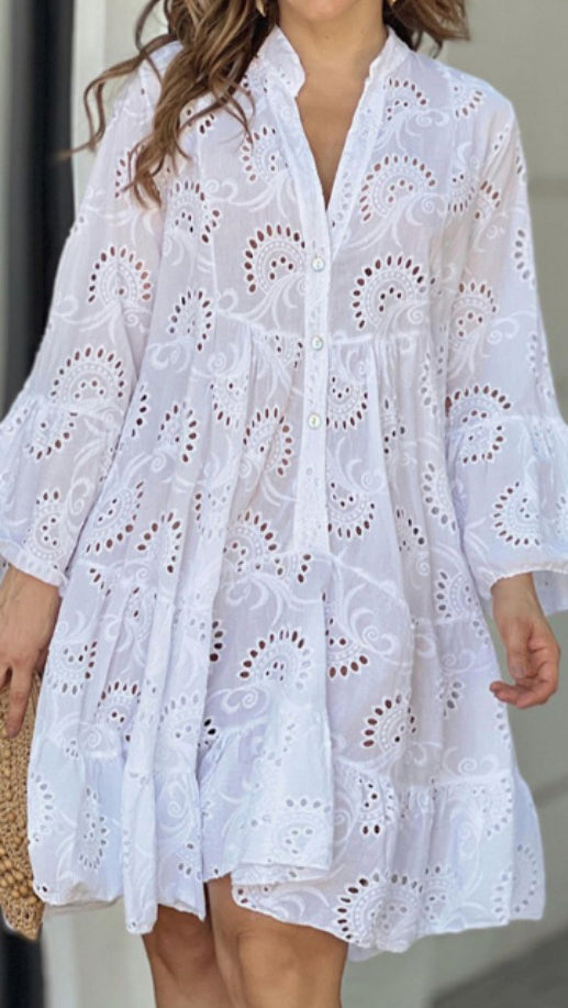 Solid Color V Neck Loose Lace Swing Dress