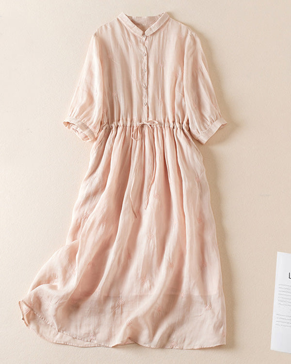 Retro Lapel Waist Short Sleeve Midi Dress