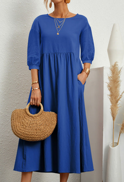 Solid Color Long Sleeve Loose Linen Slip Pocket Dress