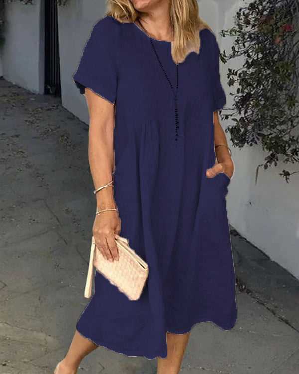 Women Summer Pockets Solid Linen Dresses