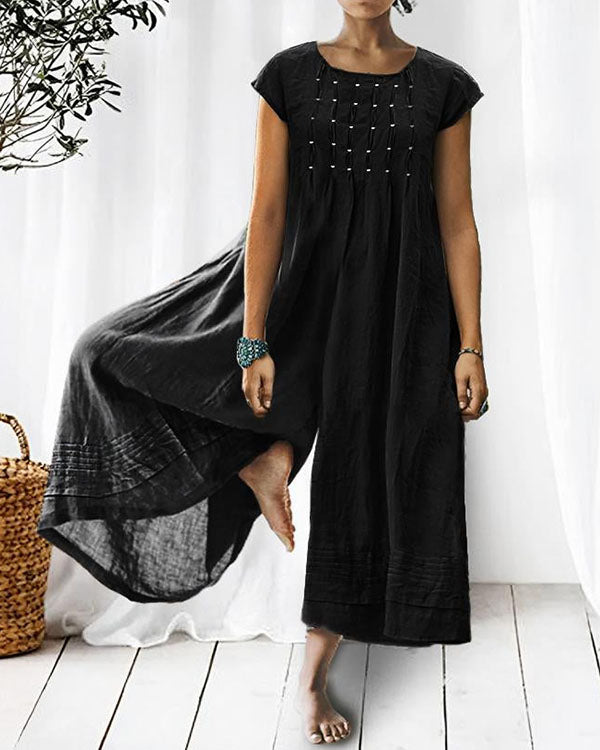 Solid Relaxed Loose Pleated Linen Jumpsuit (Gray/Navy/Orange/Green In Stock)