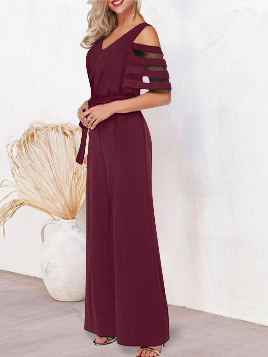Mesh Patchwork Sleeves V Neck Formal Dressy Jumpsuit