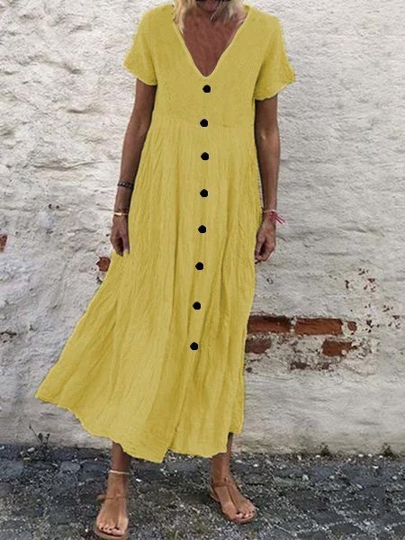 Women's Casual Solid Color Button V-Neck Cotton Linen Dress