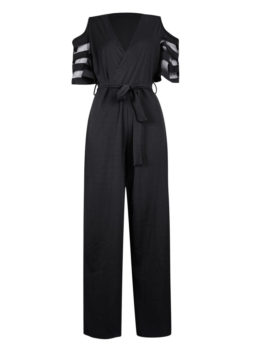 Mesh Patchwork Sleeves V Neck Formal Dressy Jumpsuit