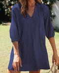 Women Casual V Neck Half Sleeve Solid Linen Dresses