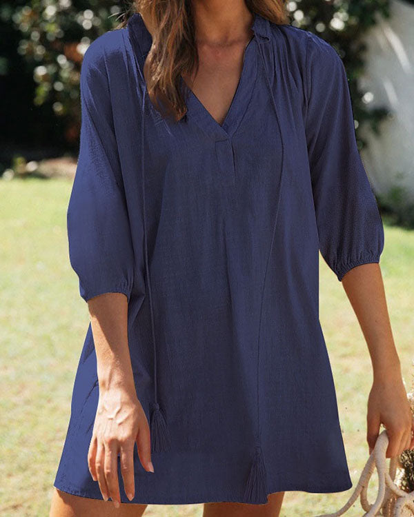 Women Casual V Neck Half Sleeve Solid Linen Dresses
