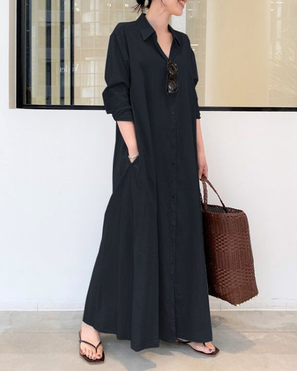 Casual Solid Cotton Linen Shirt Collar Long Sleeve Maxi Dress