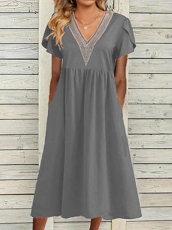 Elegant V Neck Lace Pocket Short Sleeve Dress