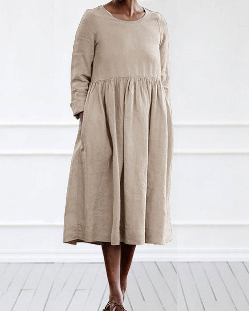 Casual Linen Cotton Plain Color Long Sleeve Midi Dress