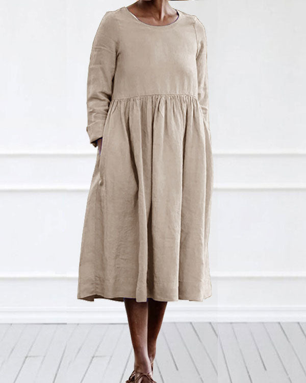 Casual Linen Cotton Plain Color Long Sleeve Midi Dress