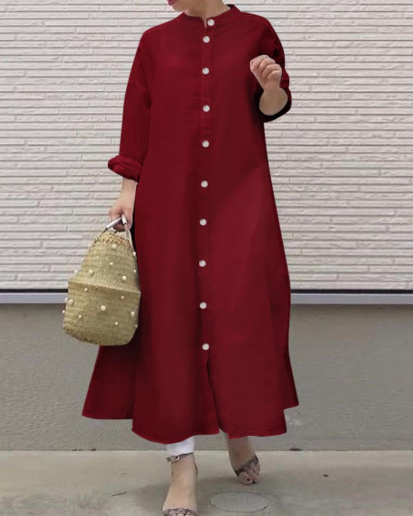 Cotton Temperament Solid Color Long Sleeve Loose Shirt Dress