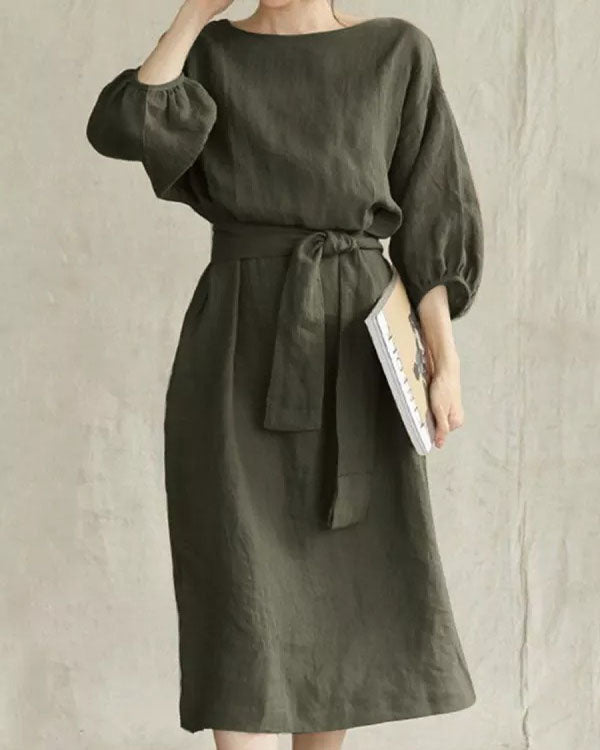 Elegant Lace-up Solid Color Cotton and Linen Mid-sleeve Round Neck Dress