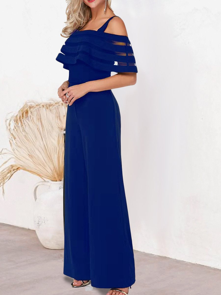 Off Shoulder Sheer Mesh Sleeves Straight  Jumpsuit