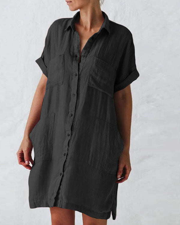 Women Plus Size Pockets Short Sleeve Button Linen Dresses