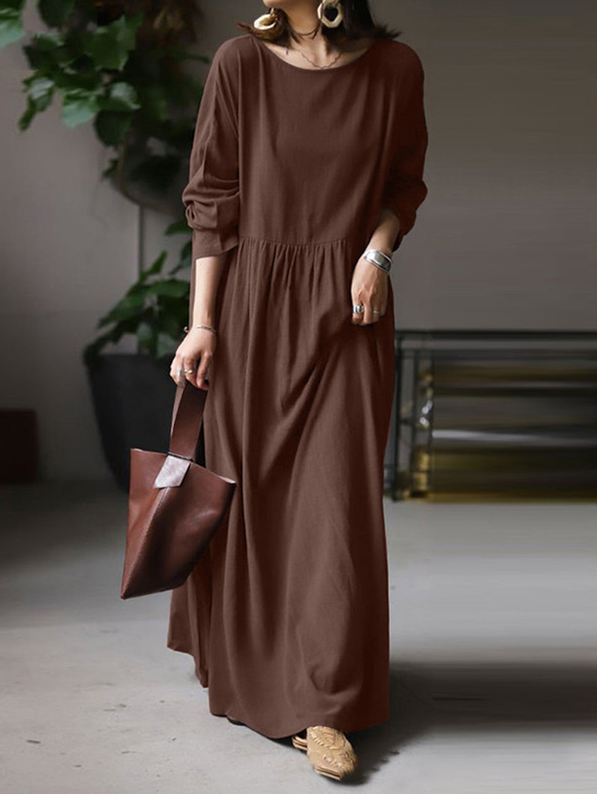 Daily Crew Neck Long Sleeve Pocket Solid Loose Maxi Dress