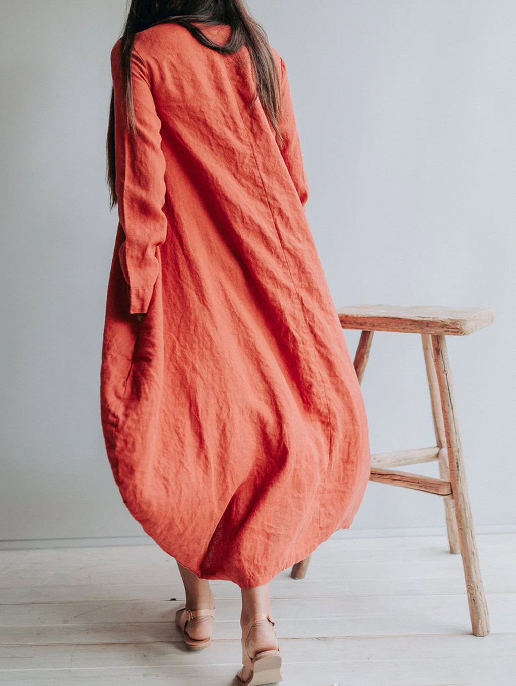 Classic Solid Round Neck Linen Maxi Dress