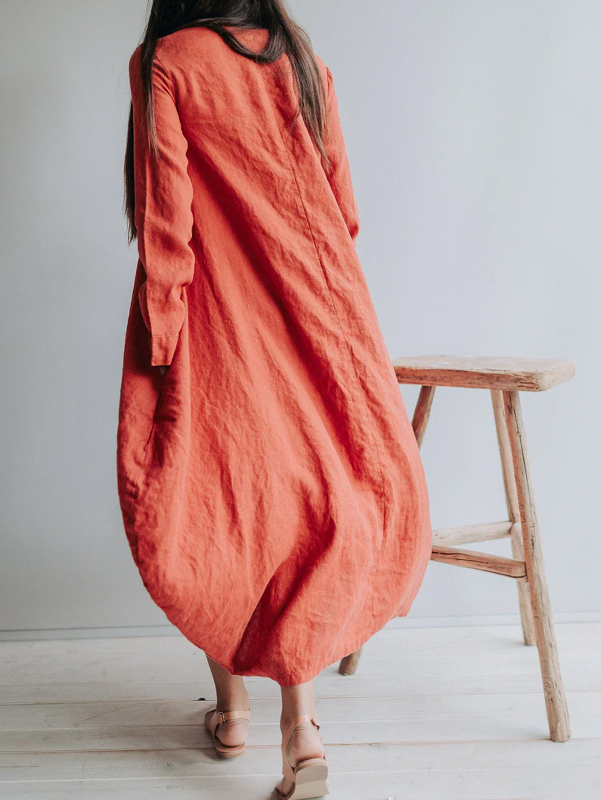 Classic Solid Round Neck Linen Maxi Dress