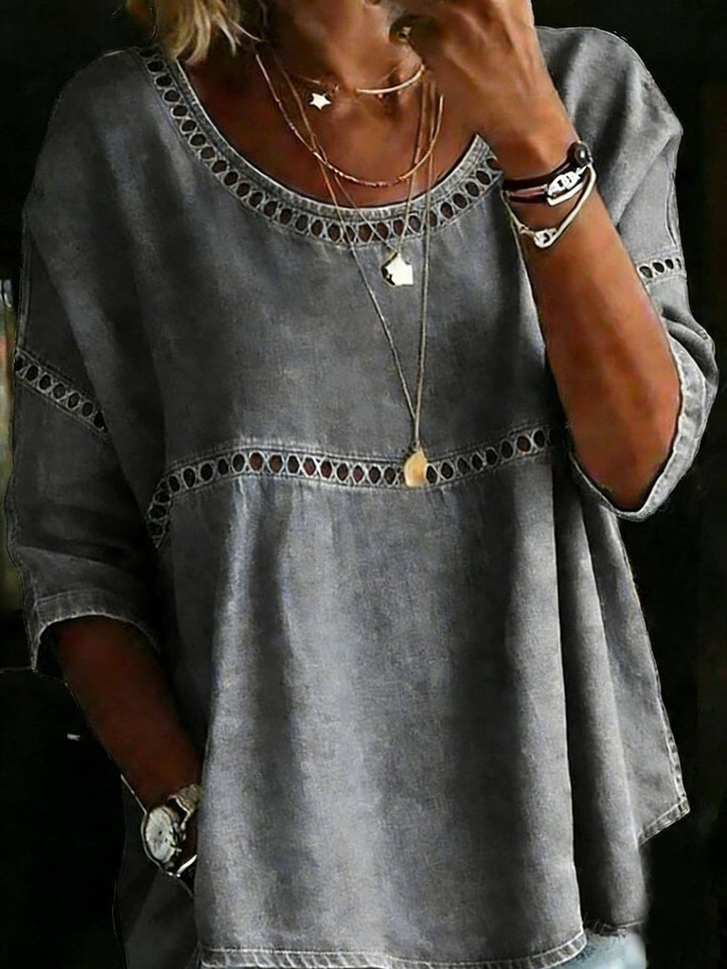 Women's Solid Color Casual Loose Denim Blouse Shirt