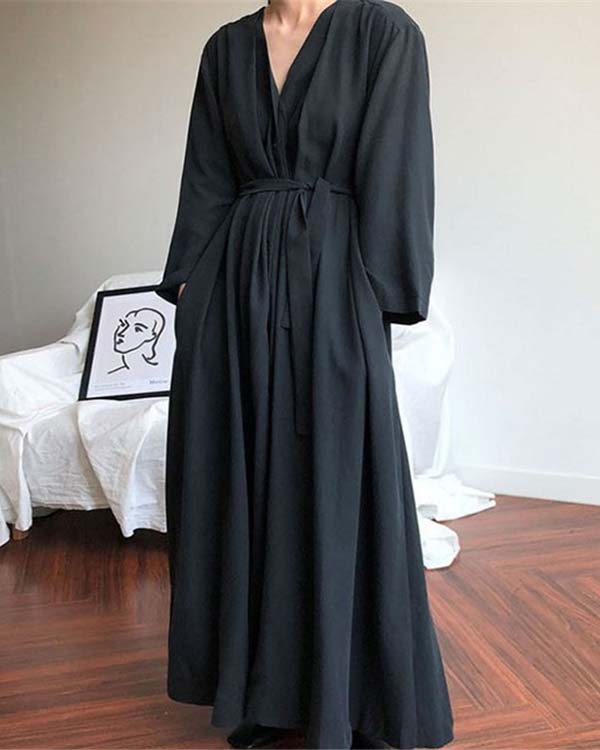 Vintage Cotton Solid Color Loose Long Pleated Tie Dress