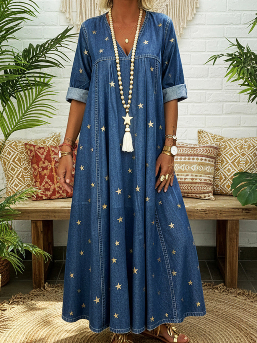 Casual Gold Star Print 100% Cotton Dress