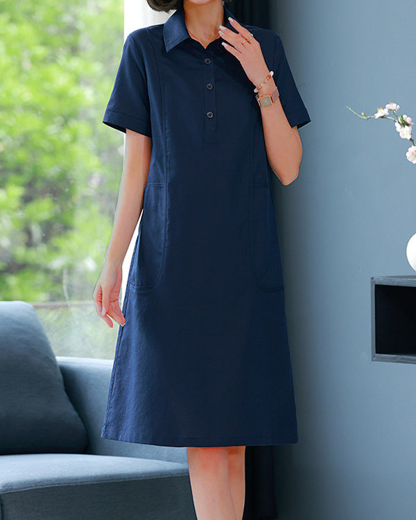 Casual Solid Color Lapel Short-sleeved Linen Shirt Dress