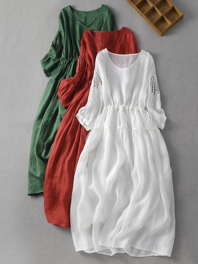 Solid French Cut Out Embroidered V-Neck Dress