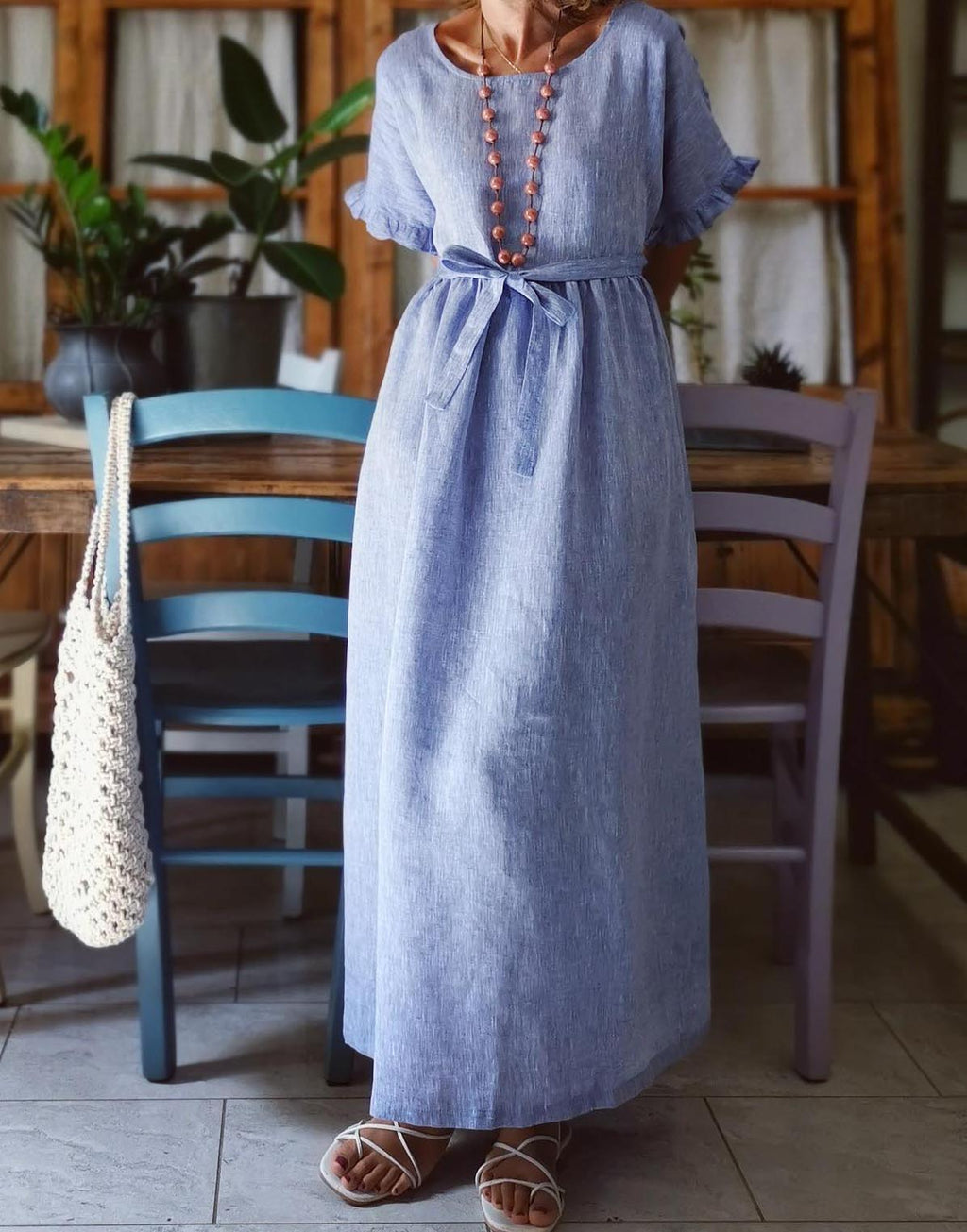 Casual Vacation Cotton and Linen Round Neck Dress with Ruffled Sleeves