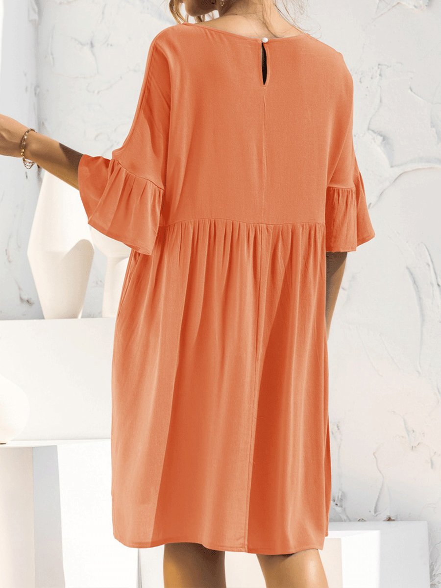 Women's Solid Color Flared Sleeve Pleated Cotton Linen Dress