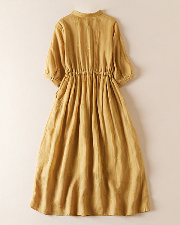 Retro Lapel Waist Short Sleeve Midi Dress