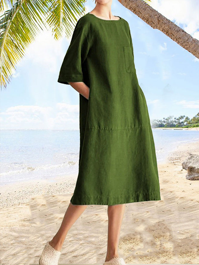 Solid Linen Crew Neck Dress