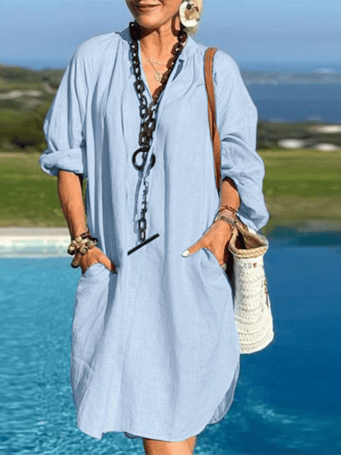 Women's Solid Long Sleeve V-neck Dress