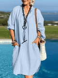 Women's Solid Long Sleeve V-neck Dress