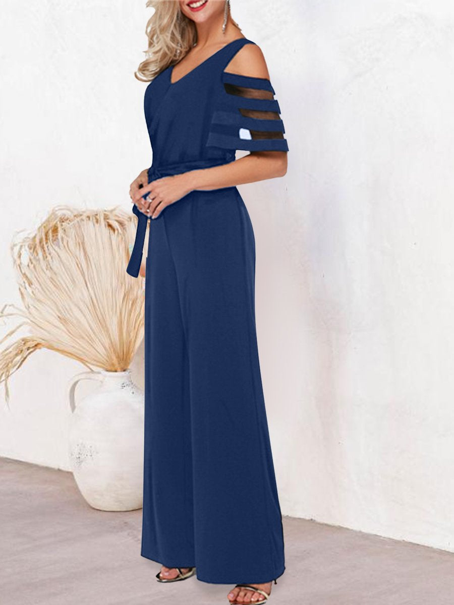 Mesh Patchwork Sleeves V Neck Formal Dressy Jumpsuit