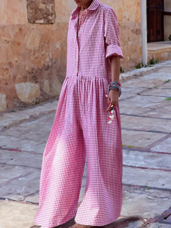 Casual Plaid Long Sleeve Loose Jumpsuit